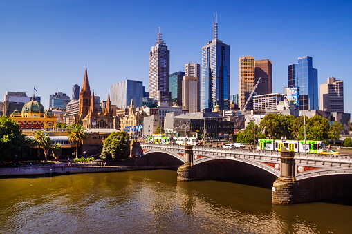 Melbourne's skyline on a clear, sunny day.