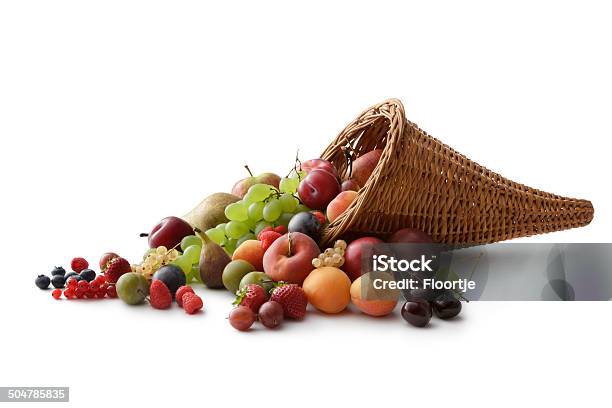 Fruit Summer Fruit Stock Photo - Download Image Now - Cornucopia, White Background, Basket