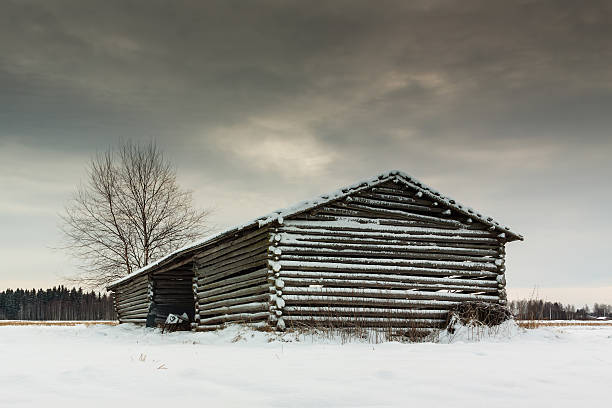 две части barn house - winter finland agriculture barn стоковые фото и изображения