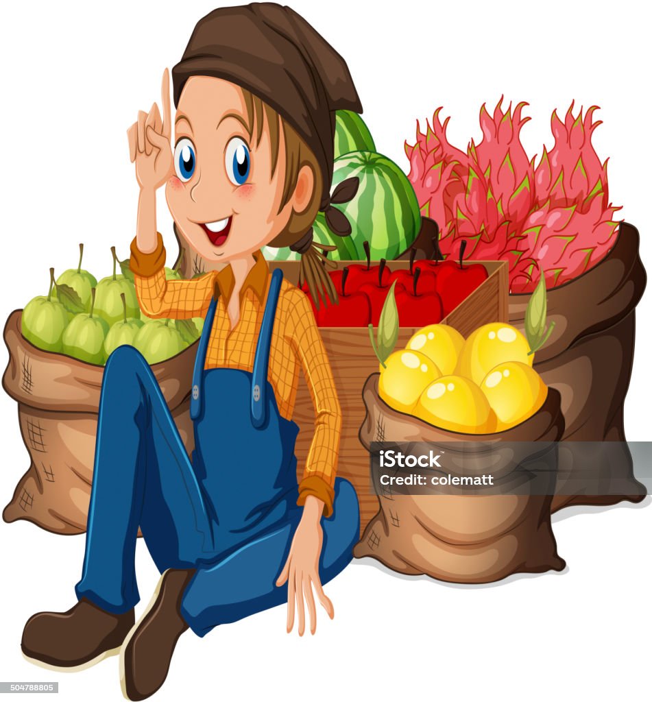 Young farmer near his harvested fruits Illustration of a young farmer near his harvested fruits on a white background Guava stock vector