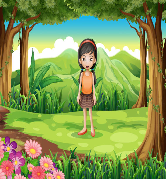 ilustraciones, imágenes clip art, dibujos animados e iconos de stock de jungle con linda niña - grass branch wealth forest