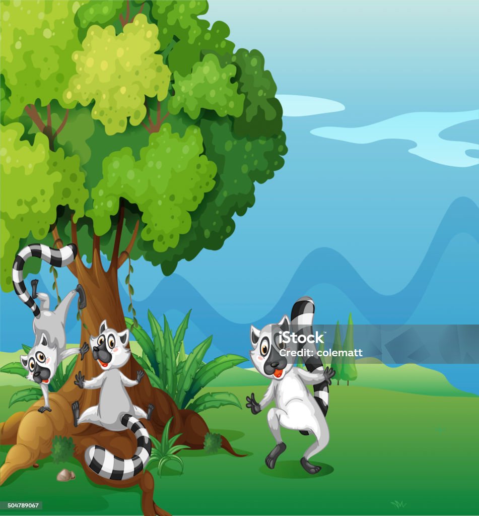 Allegro lemuri giocando vicino alla grande albero - arte vettoriale royalty-free di Albero