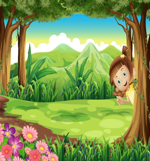 ilustraciones, imágenes clip art, dibujos animados e iconos de stock de girl esconden en la jungla - grass branch wealth forest