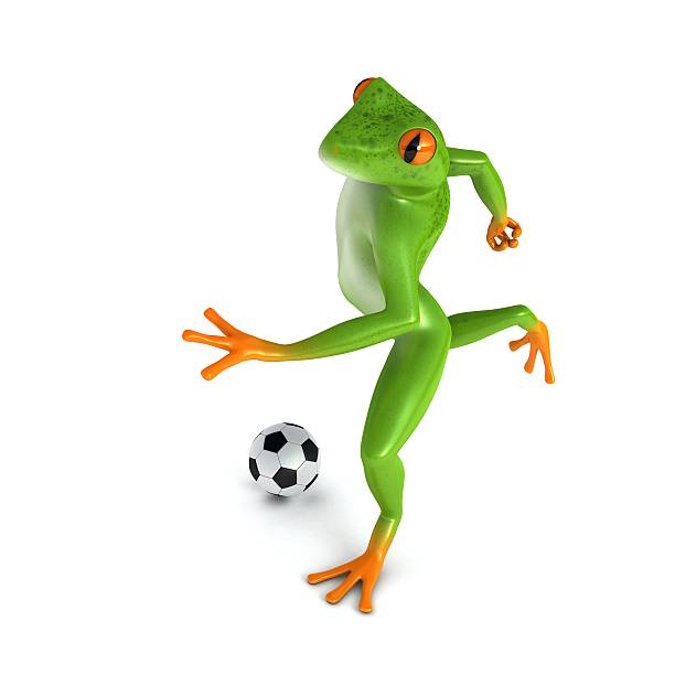 Tropical frog playing football, isolated on white background