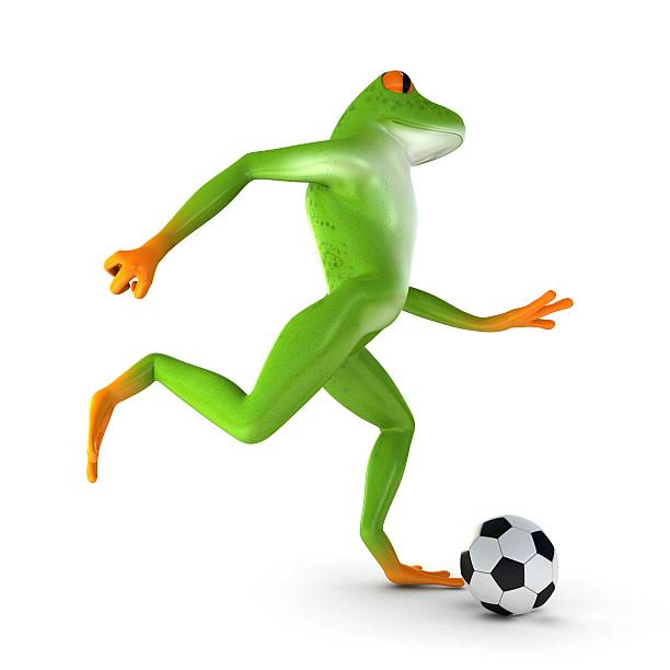 Tropical frog playing football, isolated on white background