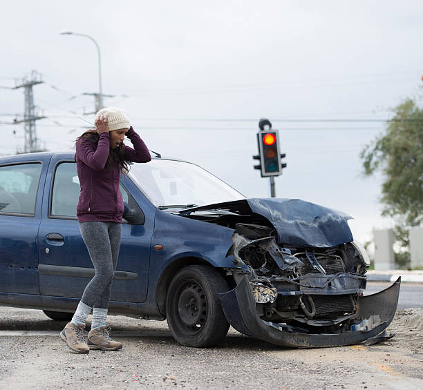 istock Woman in shock! Damage to her car. 504790902