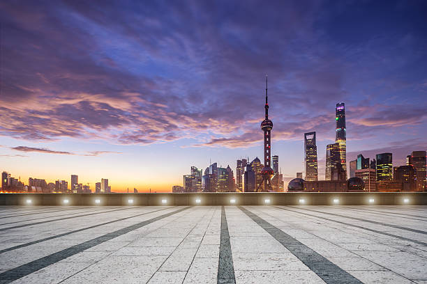 istock empty floor and cityscape in colorful sky at dawn 504791350