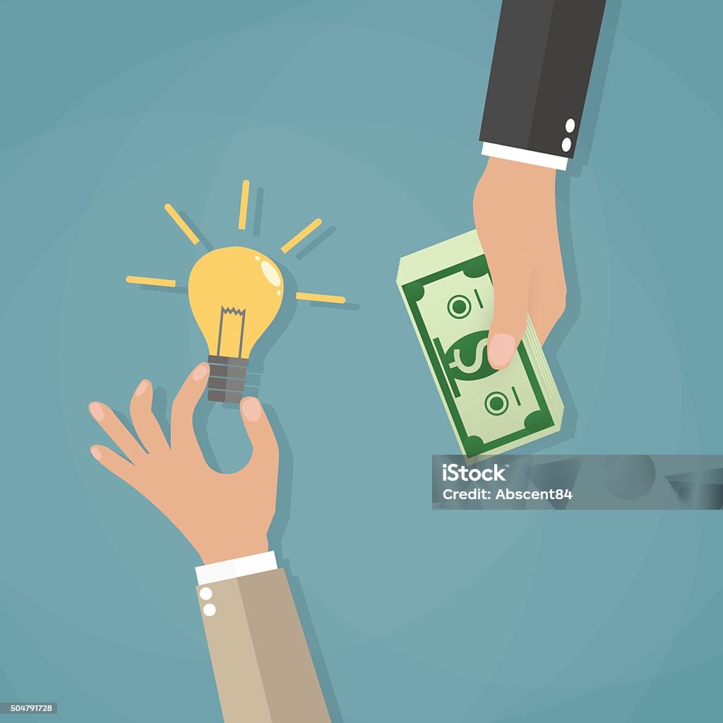 concept for crowdfunding, cartoon concept for crowdfunding, businessman hand with light bulb and with money. vector illustration in flat design on blue background Crowdfunding stock vector