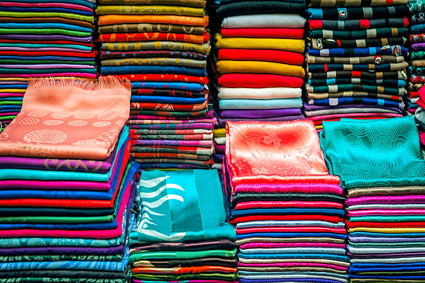 Colorful Scarves, Medina, Fez, Morocco North Africa Many colored scarves, street market at Medina, Fez, Morocco, Africa.Nikon D3x pashmina stock pictures, royalty-free photos & images