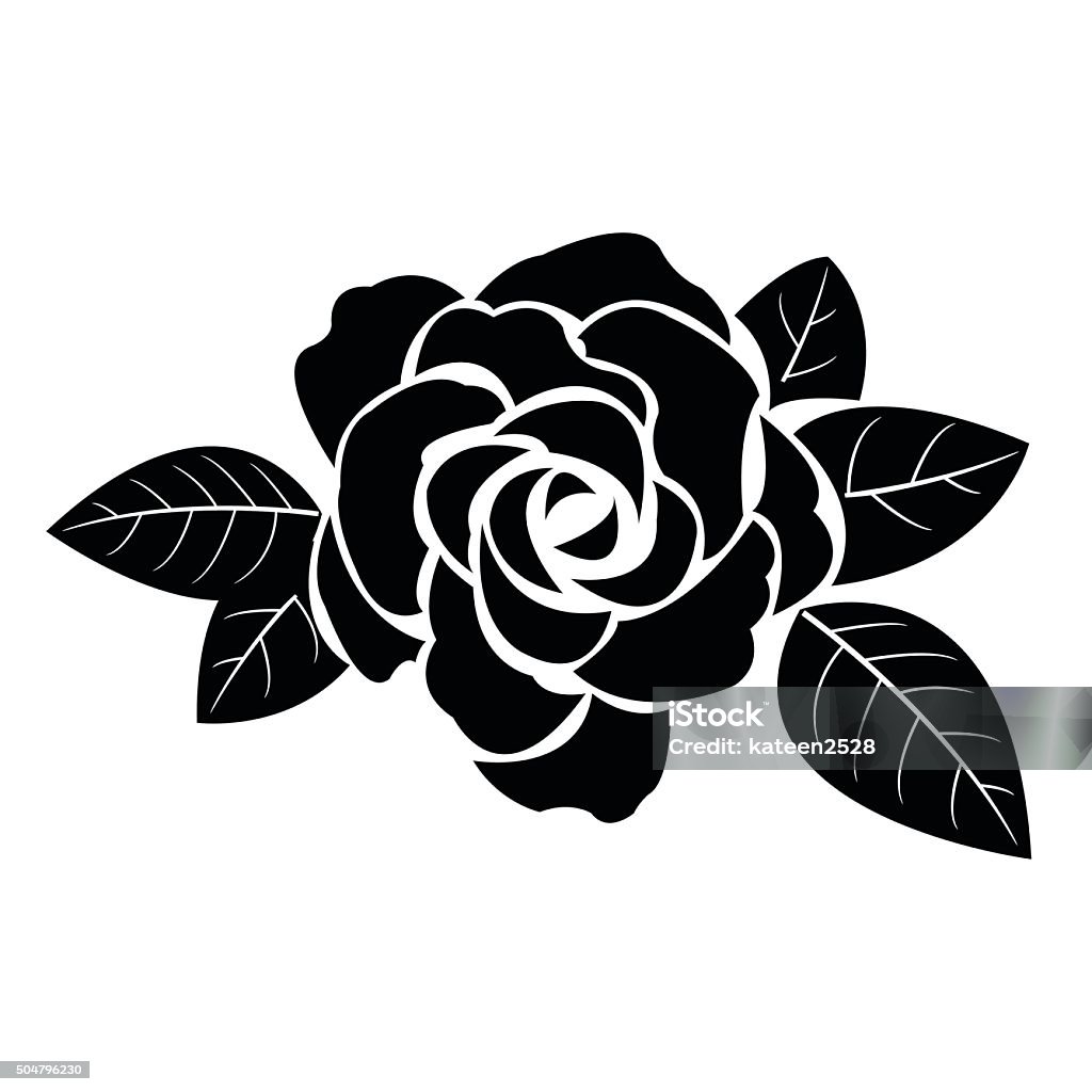 Black silhouette of rose with leaves Rose - Flower stock vector