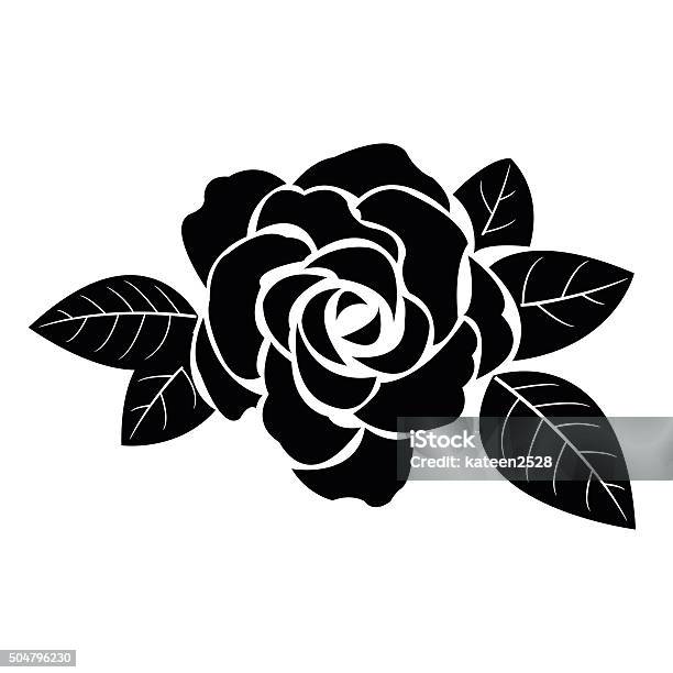 Black Silhouette Of Rose With Leaves Stock Illustration - Download Image Now - Rose - Flower, Flower, Tattoo