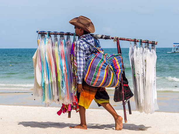 Diani, Kenya - July 12, 2016: Beach seller kangas on display at Diani beach, Kenya