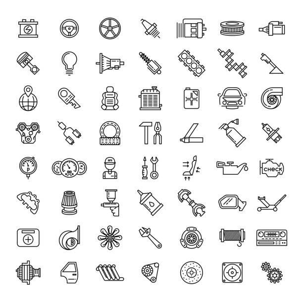 Car parts line icons set Car parts line icons set. Auto service repair symbol, gear engine, spanner and filter, vector illustration part of vehicle stock illustrations
