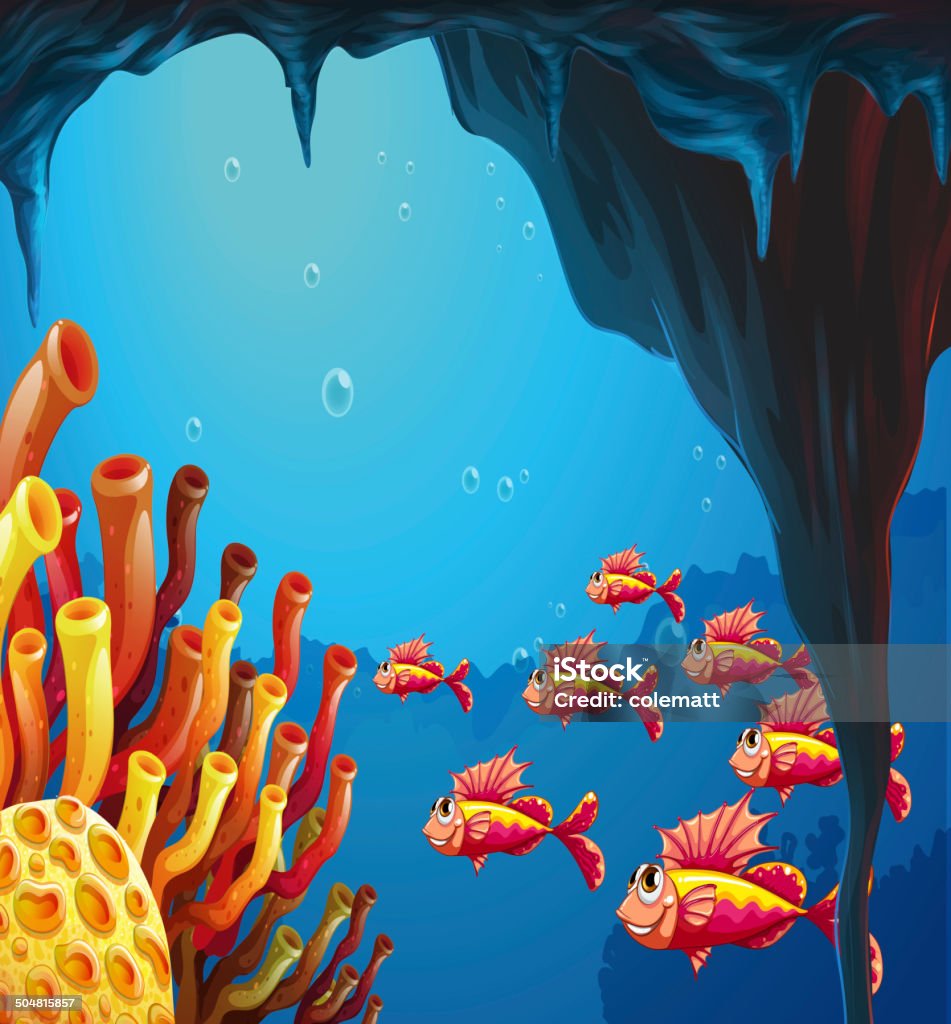 Branco di pesci a barriere coralline all'interno di La cave - arte vettoriale royalty-free di Animale