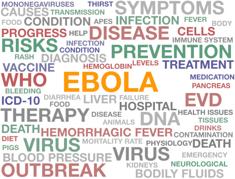Ebola, virus related terms, highlighted in a word or tag cloud with related text.