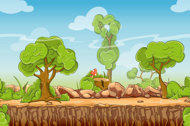 Country seamless landscape in vector cartoon style Country seamless landscape in cartoon style. Nature panorama, green tree outdoor, vector illustration fungus network stock illustrations