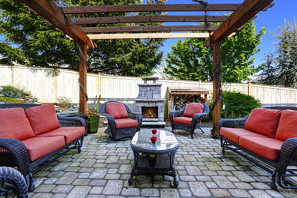 istock Home garden with patio area and fireplace 504816507