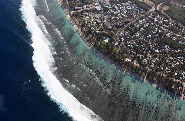Aerial view of Reunion island coast stock photo