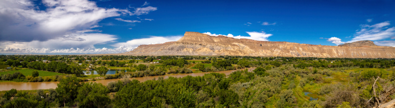 Panorama of the Grand Valley Colorado overlooking the Colorado River and Mount Garfield