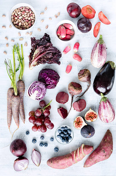 Assorted purple toned fruits and vegetables as a collection