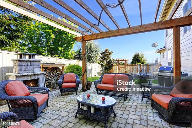 Home Garden With Patio Area And Fireplace Stock Photo - Download Image Now - Outdoors, Patio, Fireplace