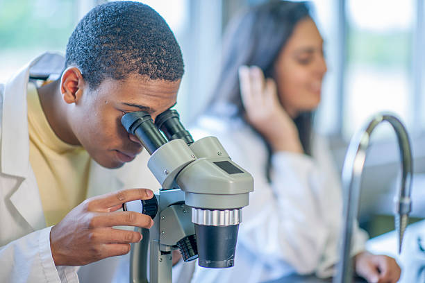 Examining the Slides in the Miscroscope A multi-ethnic group of college age students are looking at slides through microscope during chemistry lab. high school high school student science multi ethnic group stock pictures, royalty-free photos & images