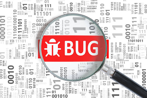 Software development and debugging concept. Bug found in binary code Software development and debugging concept. Bug found in binary code with magnifying glass. debug stock pictures, royalty-free photos & images