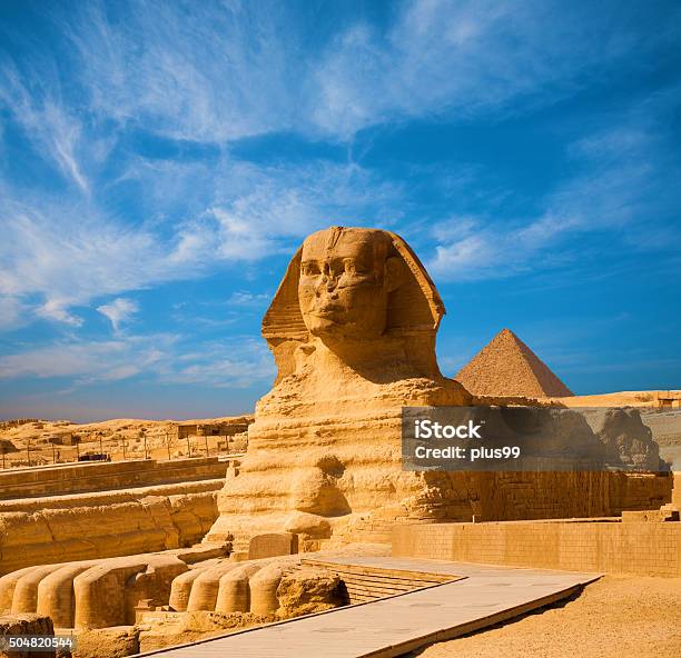 Great Sphinx Body Blue Sky Pyramid Giza Egypt Stock Photo - Download Image Now - Sphynx Hairless Cat, Egypt, Giza