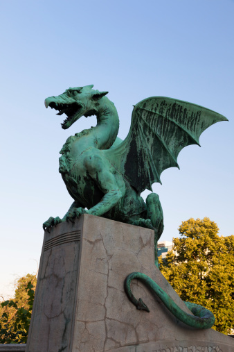 Statue of a green dragon in Ljubljana - the capital of Slovenia. The statue was built in the beginning of the 20th century.