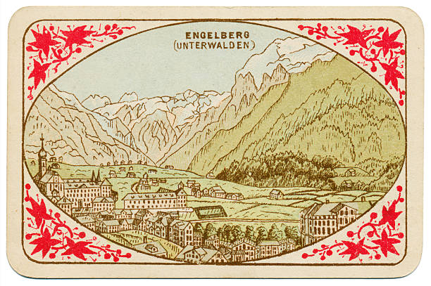 Back of playing card ace of spades Switzerland 1880 This is the back face / reverse of the ace of spades from an antique (1880) pack of cards that features views and costumes from Switzerland. The title for the pack is Vues & Costumes suisse. This ace of spades reverse features Engelberg (Unterwalden), while the front displays a scene titled Rigi – Koulm. The pack was issued by Jean Muller of Schaffhouse in Switzerland, and each of the 52 card backs depicts a different scene from Switzerland. The court cards / picture cards feature figures in national costume. The printing is by chromolithography. engelberg photos stock pictures, royalty-free photos & images