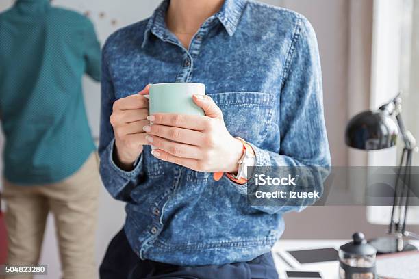 Woman Holding Cup Of Coffee Close Up Of Hands Stock Photo - Download Image Now - Button Down Shirt, Midsection, Women