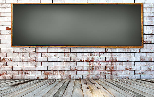 istock blackboard on old brick wall and wooden floor. 504825798