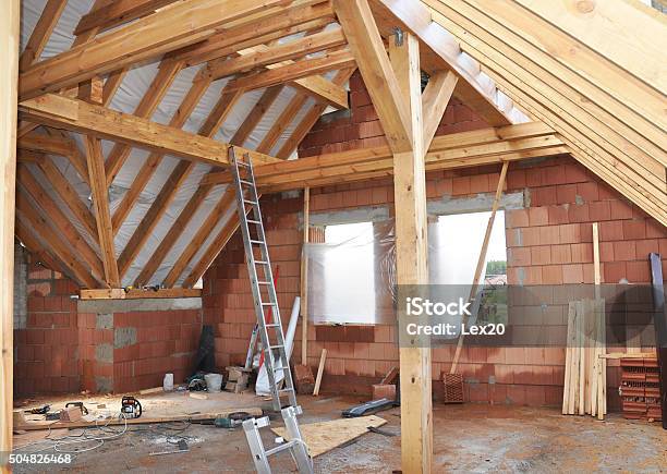 Building Attic Interior Wooden Roof Frame House Construction Stock Photo - Download Image Now