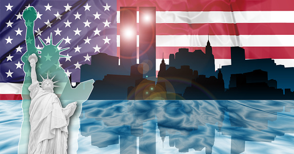 American patriotic composition of New York with Manhattan skyline and Twin Towers  reflected in Hudson river, the Flag  and the Statue of Liberty.