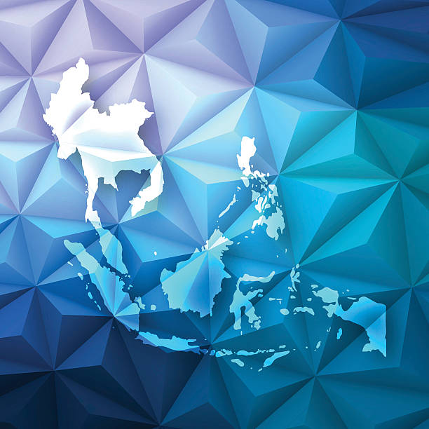 illustrazioni stock, clip art, cartoni animati e icone di tendenza di sud-est asiatico in polygonal astratto sfondo-basso poliestere, motivo geometrico - three dimensional shape continents bright blue