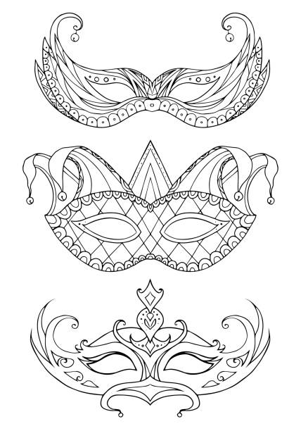 ilustraciones, imágenes clip art, dibujos animados e iconos de stock de conjunto dibujados a mano doodle máscaras. festival de mardi gras - mask masquerade mask venice italy costume