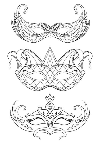 ilustrações, clipart, desenhos animados e ícones de conjunto de mão desenhada doodle rosto de máscaras. festival do mardi gras - venice italy