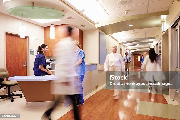 Busy Nurses Station In Modern Hospital Stock Photo - Download Image Now - Hospital, Crowded, Corridor