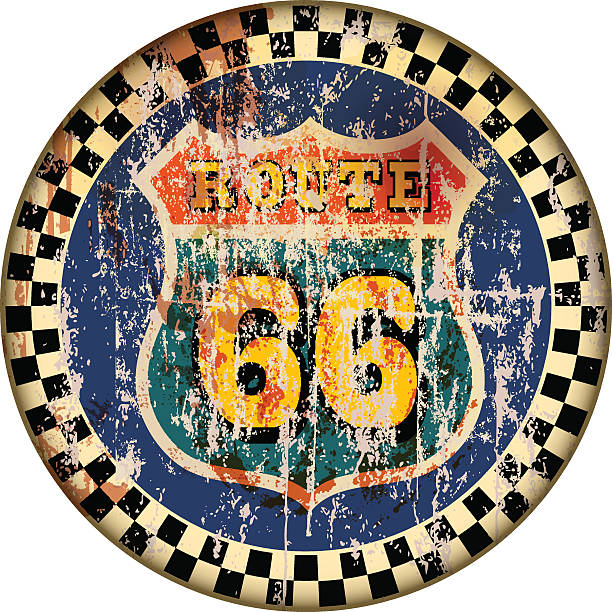 ретро маршрут 66 знак дорожного - route 66 retro revival grunge symbol stock illustrations