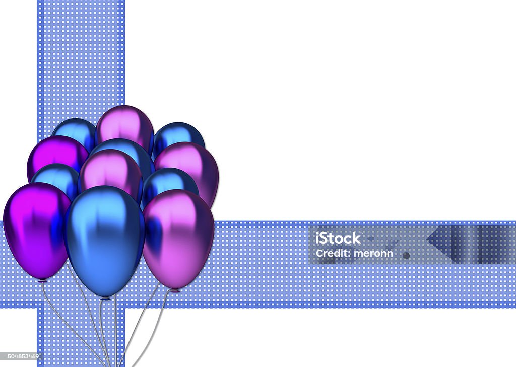 birthday card with blue and purble party balloons birthday card with blue and purble party balloons and with blue ribbon Anniversary Stock Photo