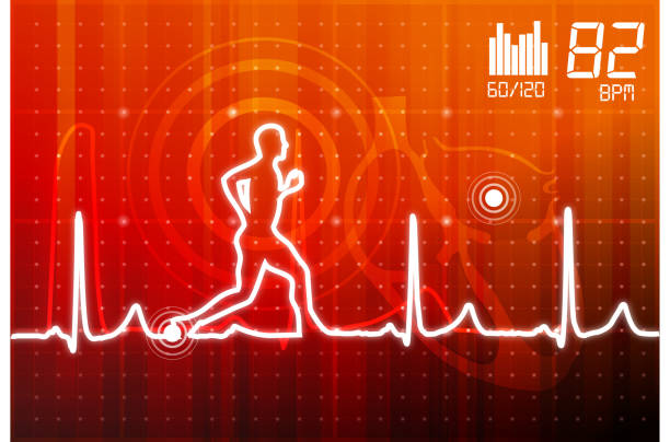 Man Running with Heartbeat Waveform Background This illustration is AI10 EPS contains a transparency blend and partial blur effect, which makes up the reflective/highlight shape for the icon.  cardiac conduction system stock illustrations