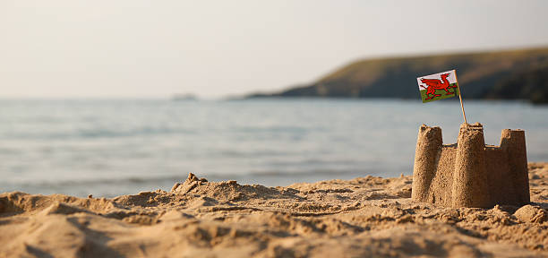 istock Beach, sea, sandcastle and  Welsh Flag 504855825