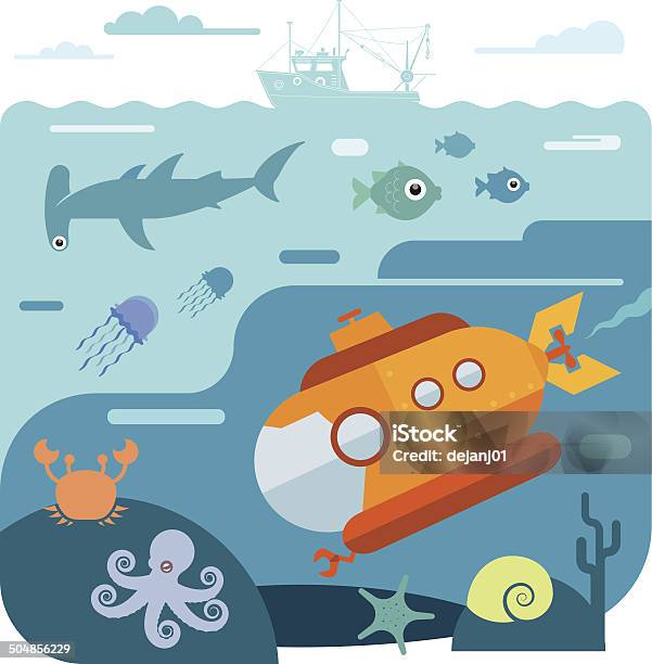 Flat Vector Illustration Of Underwater Sea Life Stock Illustration - Download Image Now - Scientist, Sea, Submarine