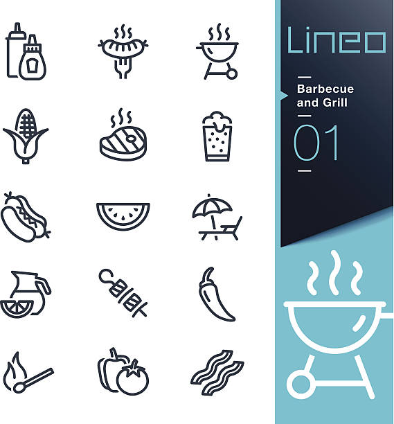 lineo-grill and grill szkic ikony - strip steak steak barbecue grill cooked stock illustrations