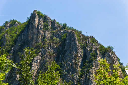 Path to the Eagle's nest at Trešnjica gorge with one bald eagle high in the sky, west Serbia