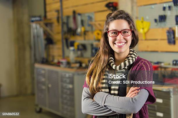 Hipster College Student Or Entrepreneur In Makerspace Workshop Stock Photo - Download Image Now