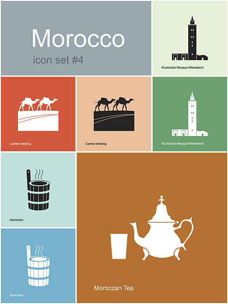 Icons of Morocco Landmarks of Morocco. Set of color icons in Metro style. Editable vector illustration. marrakech stock illustrations