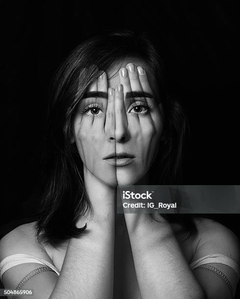 Young Girl Covering Face And Eyes With Her Handsdouble Exposure Stock Photo - Download Image Now