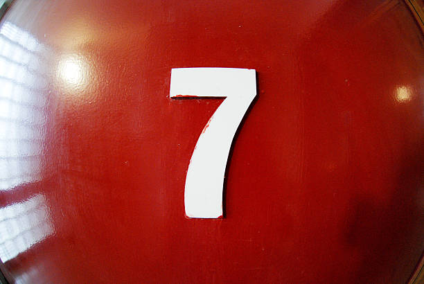 istock Number 7 on red wall, fisheye 504866546
