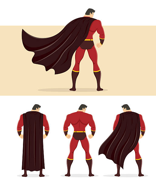 ilustrações, clipart, desenhos animados e ícones de vista traseira de um super-herói com cabo soltos ao vento - back rear view men muscular build